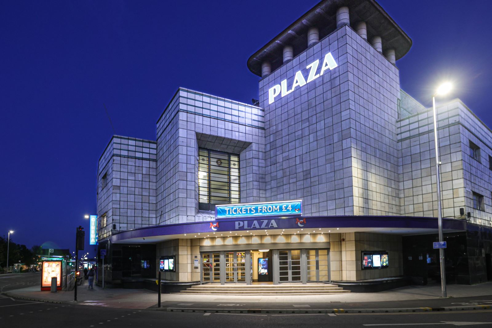 Exterior view of the Plaza Cinema in Weston-super-Mare at dusk